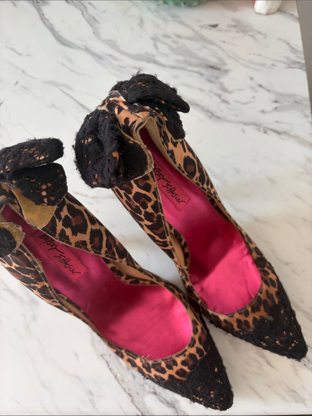 Betsey Johnson Leopard Print Pointed Heels with Black Lace Accent